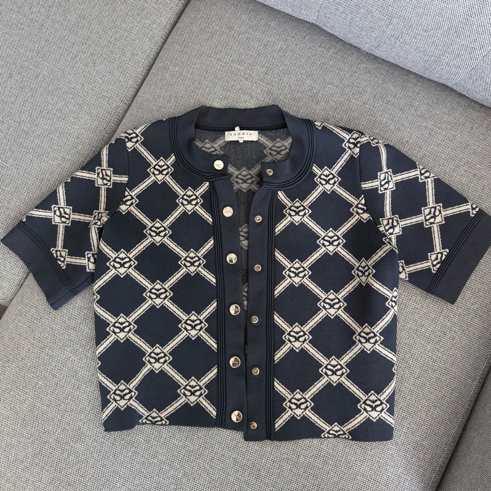 Sandro Cropped Knit Cardigan With Jacquard Size 1